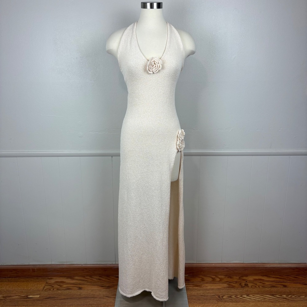 Meshki Knit Maxi Halter Dress Size M Cream High Slit Semi Sheer Crochet Flower